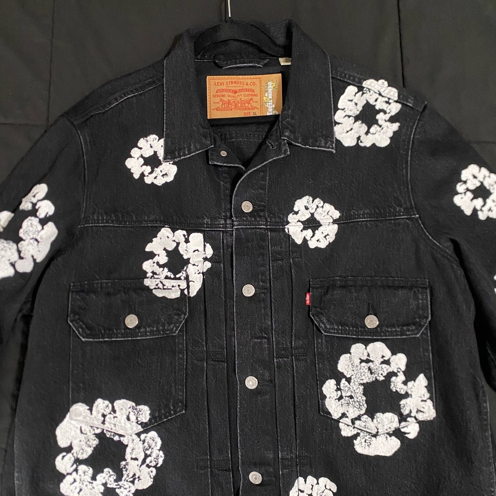 Levi's Black Denim Jacket with White Floral Design